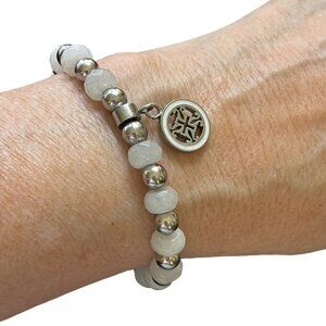 Rustic Cuff Translucent White Natural Faceted Stone Logo Stretch Bracelet